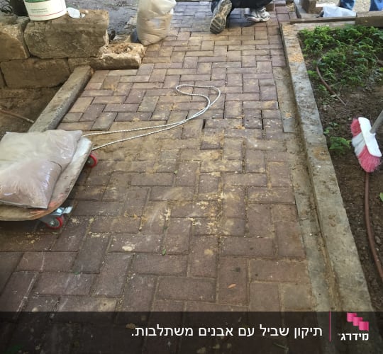 עבודת ריצוף חוץ והנחת אבנים משתלבות בשביל גינה